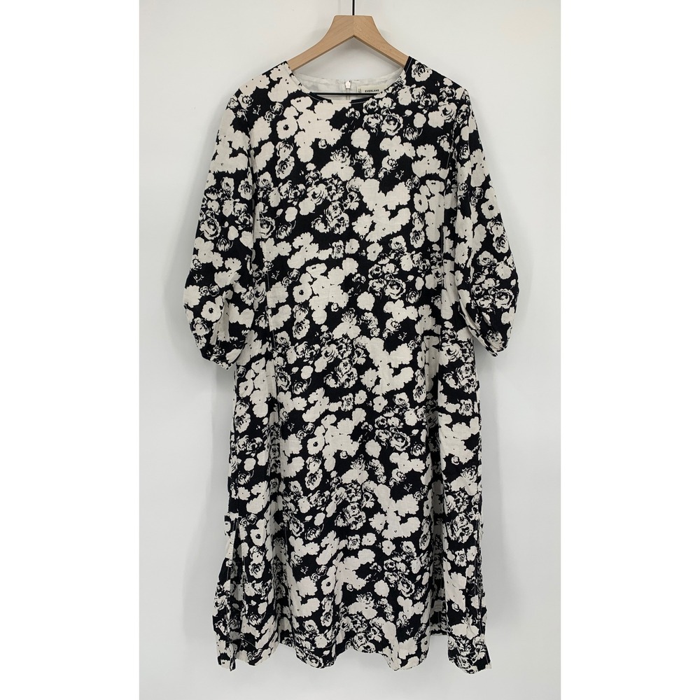 Everlane Dress Womens 10 Black White Floral Linen Puff Sleeve Pockets Midi
